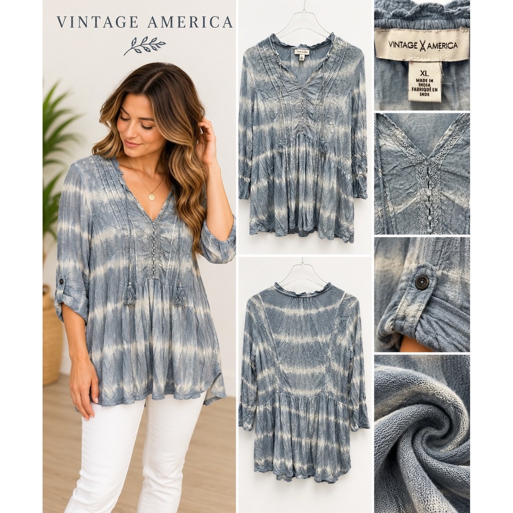 Vintage America Blues Boho Tie Dye Tunic Top XL Blue White Tassel Peasant Blouse
